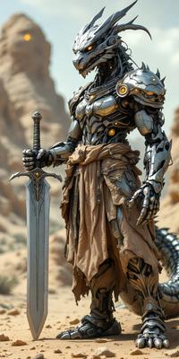Primary subject: A robot with a sword.
Setting/background: A desert landscape.
Visual style: Digital art.
Colors and mood: The robot is silver and gold, giving it a futuristic and powerful appearance. The desert setting adds a sense of isolation and desolation to the scene.